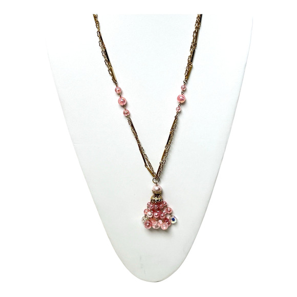 Coro Tassel Necklace Pink Dangle Beads Bar Links Gold Tone 27" Soft Boho Vtg - Picture 7 of 13
